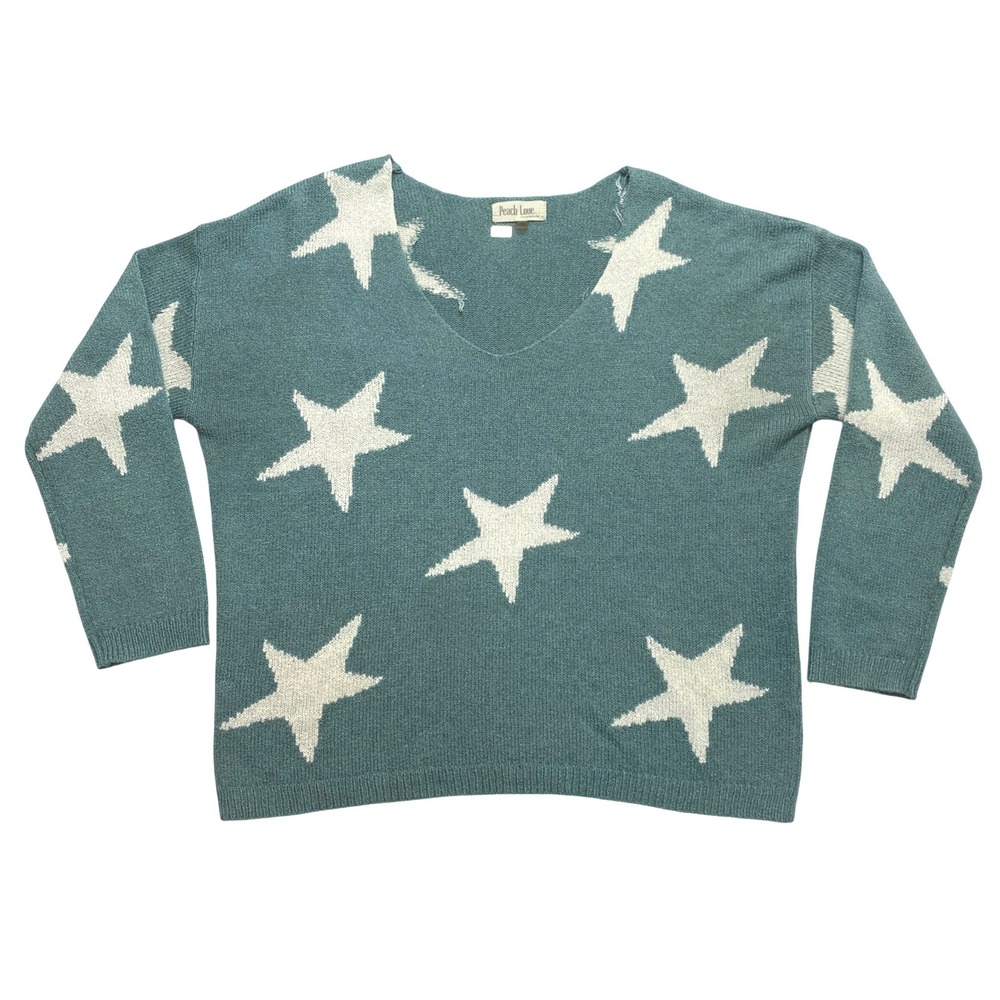 Peach Love California Knit Sweater Womens Size Medium Teal Star Print V-Neck